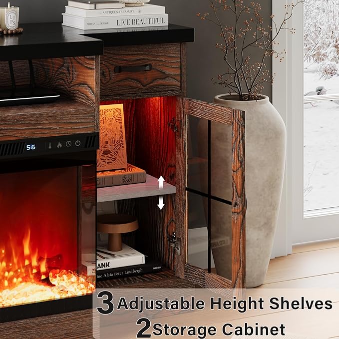 Electric Fireplace TV Stand with Fireplace, 70" Farmhouse Fireplace Entertainment Center with Storage Cabinets,TV Console for TVs Up to 80", TV Stands for Living Room,Brown