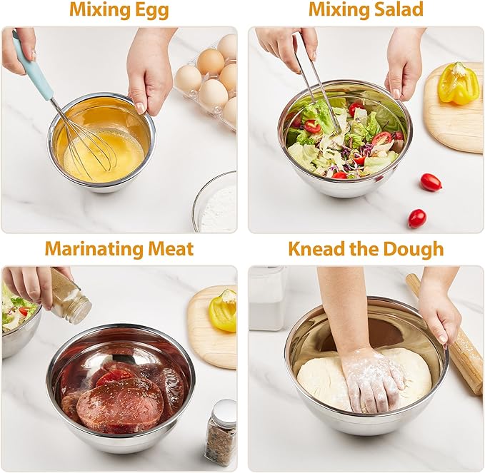 YIHONG 7 Piece Metal Mixing Bowls with Lids for Kitchen, Stainless Steel Set Ideal for Baking, Prepping, Cooking and Serving Food, Nesting Design for Space Saving Storage (Khaki)