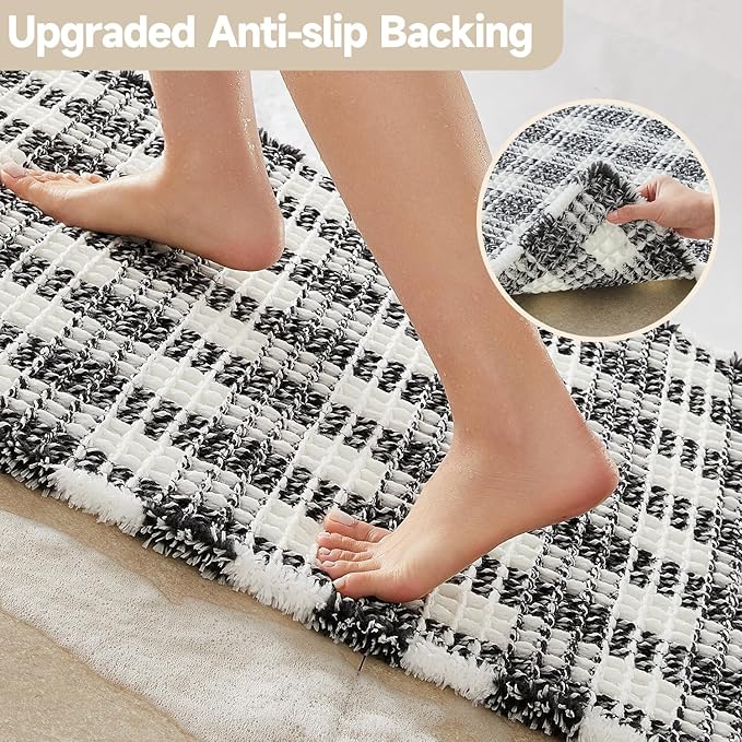 Waffle Bath Mat, Boho Bathroom Rugs Non Slip Washable Absorbent Checkered Bathroom Mat Quick Dry Farmhouse Bathroom Decor, 24"x16" Black and White