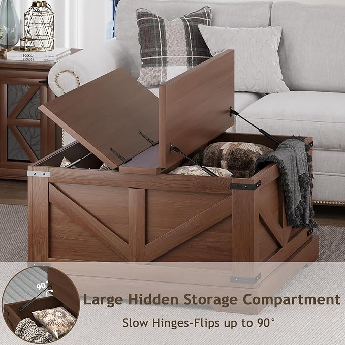 Farmhouse Coffee Table with Hidden Storage Compartment, Square Coffee Table for Living Room, Wood Center Table with Hinged Lifting Tabletop for Home, Rustic Brown