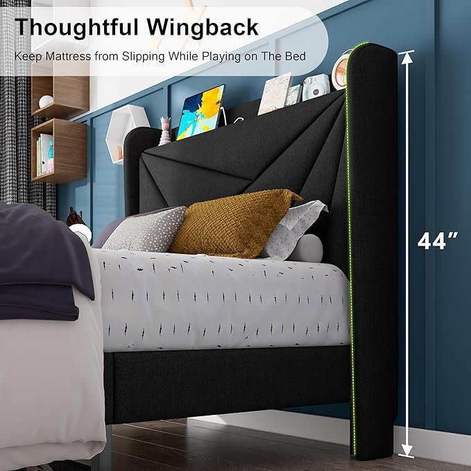 Feonase Twin Size Bed Frame with Charging Station, Upholstered Linen Platform Bed Frame with Wingback Headboard, Solid Wood Slats Support, No Box Spring Needed, Noise Free, Black