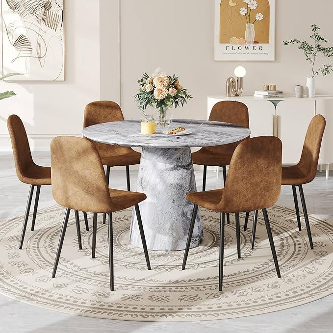 Round Dining Table Set for 6, 45IN Kitchen Table Set with Faux Marble Table Top and PU Upholstered Chairs, Modern Dinner Table with Chairs Set for Dinning Room, Living Room