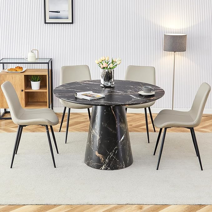 45 Inch Round Dining Table Set for 4, 5 Piece Kitchen Table and Chairs Set, Black Faux Marble Table Top, Small Space Dining Set for Apartment or Dining Room