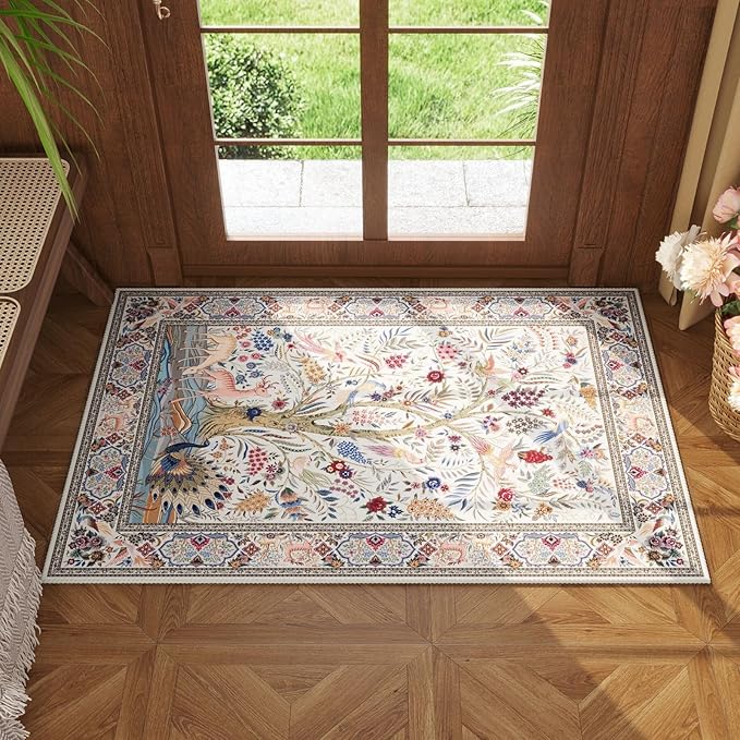 Indoor Door Mat 2x3 Rug Vibrant Tree of Life-Patterned Vintage Machine Washable Small Area Rug Non-Slip Low Pile Throw Rugs for Entryway Kitchen Front Door Entrance Entry Kids Room, Beige