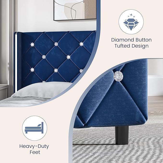 HOMBCK Full Size Bed Frame, Upholstered Bed with Diamond Headboard, Black Velvet Bed Frame with Wingback Headboard & Footboard, No Box Spring Needed, Easy Assembly, Blue