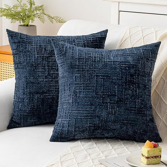 Decorative Throw Pillow Covers 16x16 Inch Set of 2, Soft Solid Farmhouse Chenille Couch Pillows, Spring Pillow Covers for Couch Sofa Bed Living Room Home Decor Pillowcase, Dark Blue
