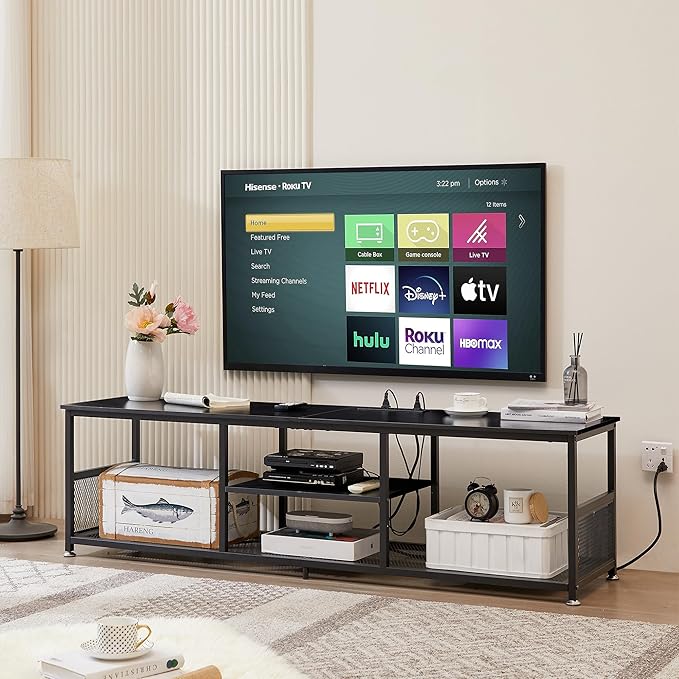 VECELO TV Stand with Power Outlets for Televisions up to 75Inch, 62" Media Entertainment Center with Charging Station 3-Tier Open Storage Shelves with Metal Frame for Living Room/Bedroom，Black