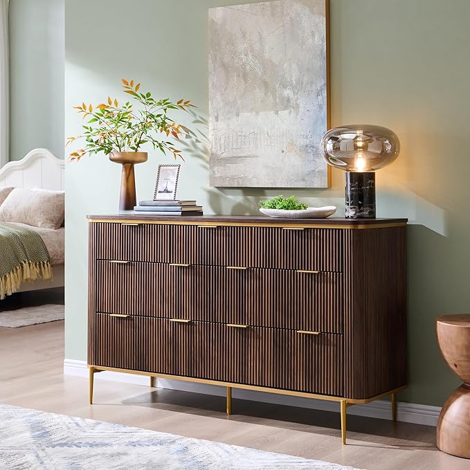T4TREAM Fluted 7 Drawers Dresser for Bedroom, 54" Wide Modern Dresser TV Stand, Gold Accents, Fluted Fronts, Wood Storage Dressers Organizer for Bedroom, Living Room, Dark Walnut