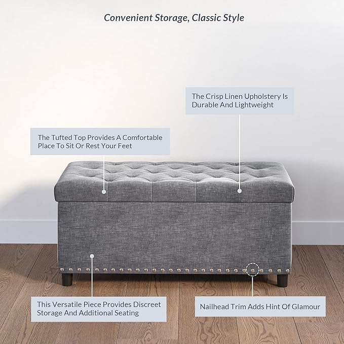 BELLEZE 35" Tufted Ottoman, Storage Bench with Safety Close Hinge, Ottoman with Storage for Living Room, Entryway, Hallway, Foot Rest, Support 300lbs - Grey