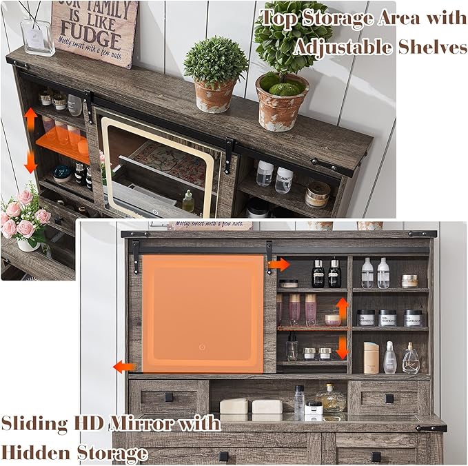 42'' Farmhouse Makeup Vanity Desk with Sliding Mirror and Lights, Glass Tabletop Vanity Table with Barn Door, 4 Drawers & Hidden Shelves, Rustic Big Vanity Women Dressing Table, Light Oak