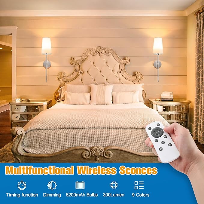 NIORSUN Brushed Nickel Battery Operated Wall Sconce Set of 2,Rechargeable Wall Lights with 5200mAh Dimmable Detachable Bulbs and Remote,9 Colors Wireless Sconces for Bedroom Living Room Hallway