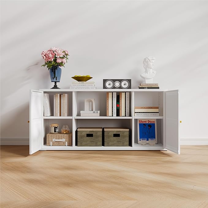 Modern Steel TV Stand Entertainment Center with Adjustable Shelves, Hidden Storage, Cable Management for TVs 43-65 inches - White