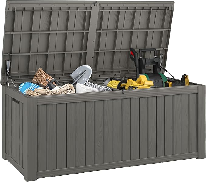 NUNU LAB 180 Gallon Outdoor Storage Box,Large Resin Sturdy Deck Box, Backyard Outside Storage Box Waterproof with Double Wall Panels,Package Delivery Garden Hose Storage Bin Outdoor Tool,Grey