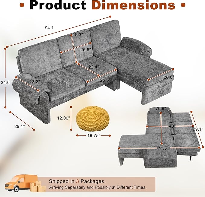 94.1" Sectional Couch, Convertible Futon Sofa Bed with Reversible Chaise Lounge, Sectional Couches for Living Room and Office, Grey