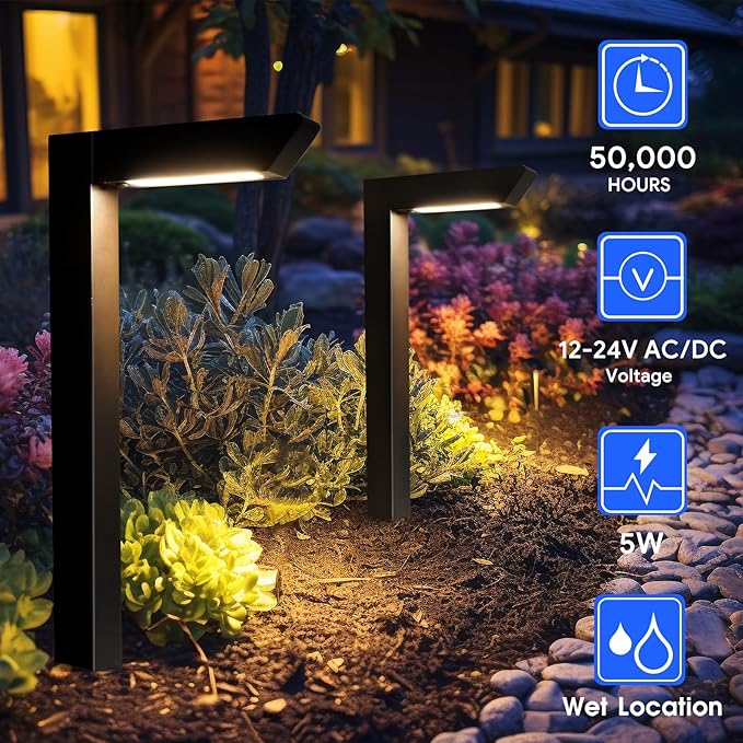 Energetic 5CCT Low Voltage Landscape Lights, 5W 200LM IP65 Waterproof LED Pathway Lights, 50000 Hrs, Outdoor Landscape Lighting, Square Modern Side Lit, Die-cast Aluminum Housing, ETL, Black, 4 Pack