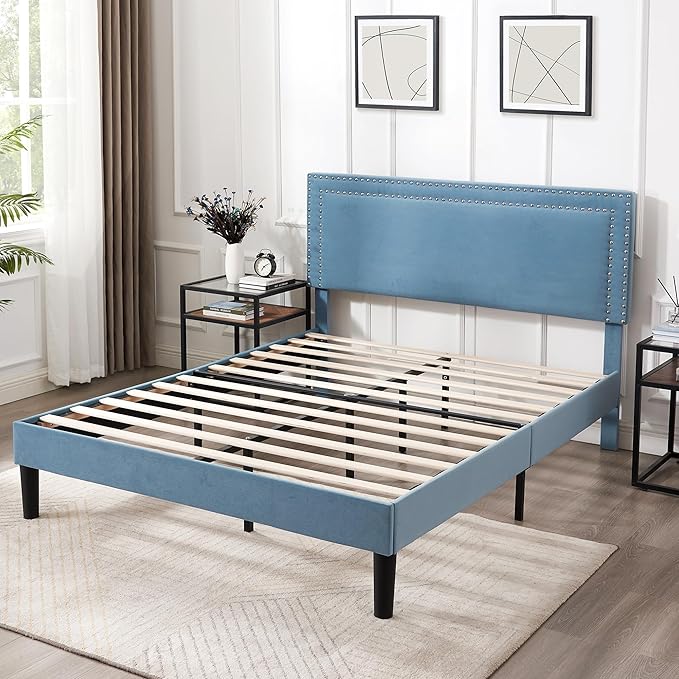 VECELO Bed Frame Queen Size with Adjustable Upholstered Headboard, Wooden Slats Platform, Noise-Free Design, Easy Assembly