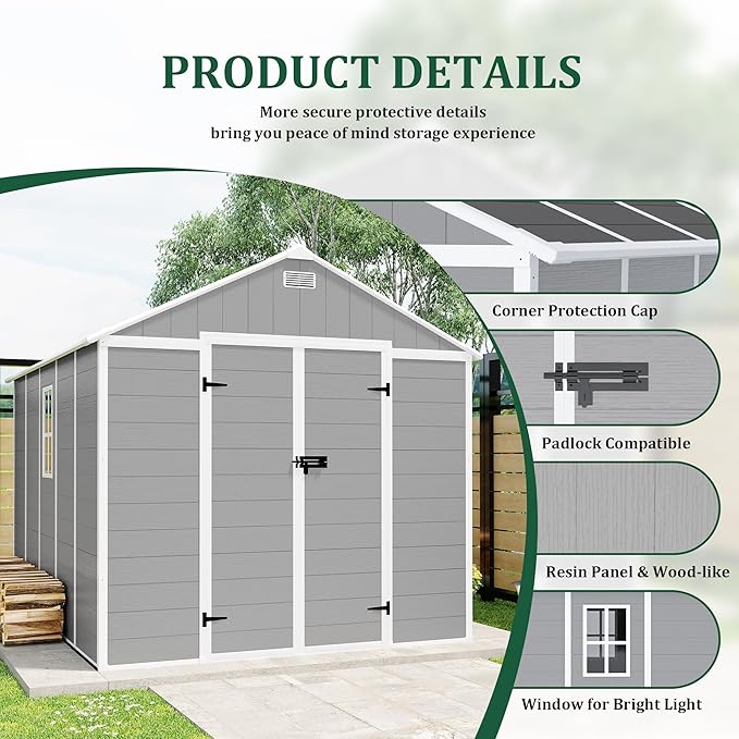 8x10 FT Outdoor Storage Resin Shed with Floor, Plastic Garden Tool Shed with Sloped Roof, Lockable Door & Windows, Easy to Assemble Bike Shed for Lawn, Backyard, Patio, Grey