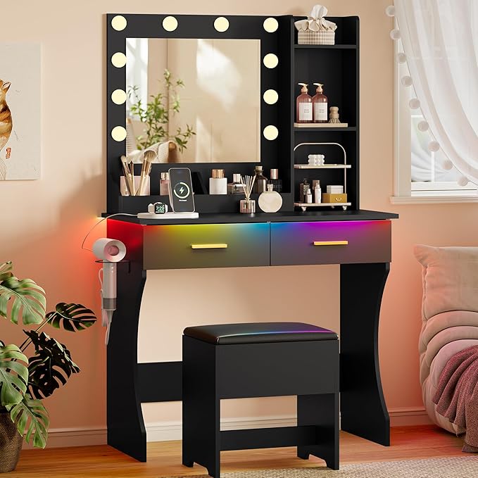 Vanity Desk with Mirror and Lights, Small Makeup Vanity Table Set with Storage Drawers & Power Outlets & Chair, 3 Lighting Modes & RGB Ambient Light, Dressing Table for Women Girls Bedroom, Black
