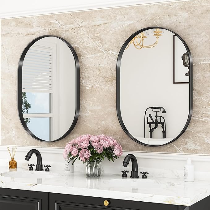 Suidia 22" x 30" Bathroom Mirror, Bathroom Vanity Mirror Metal Framed, Wall-Mounted Mirrors for Bedroom, Living Room, Entryway, Hallway, Black, Oval Style