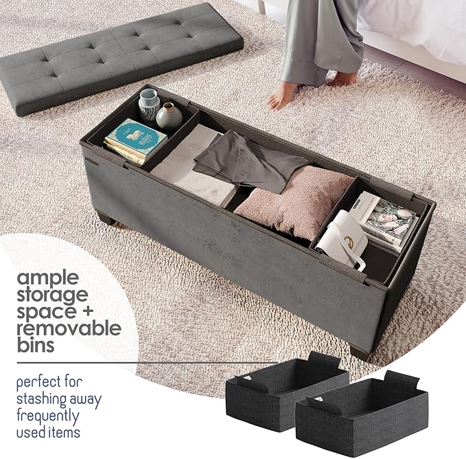 STORAGEBUD Storage Ottoman Bench with Bins, 43-in Storage Bench for Bedroom End of Bed, Folding Foot Rest Ottoman for Living Room Max 660lbs, Velvet Ottomans, Grey