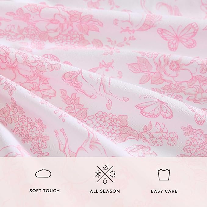 Laura Ashley Kids - Full Sheet Set, Soft & Wrinkle-Resistant Toddler Bedding Set, Deep Pockets, Girl Bed Sheets with Matching Fitted Sheet & Pillowcases (Toile Unicorn Pink)