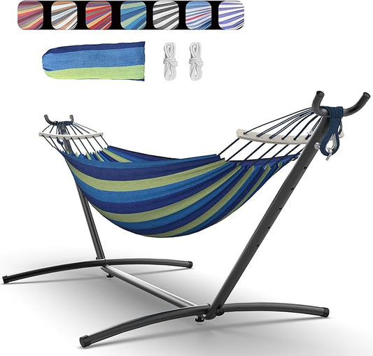 Double Hammock with Space-Saving Steel Stand, 2 Person Heavy-Duty Hammock for Garden, Yard or Outdoor, 600lbs Capacity, Wide Blue