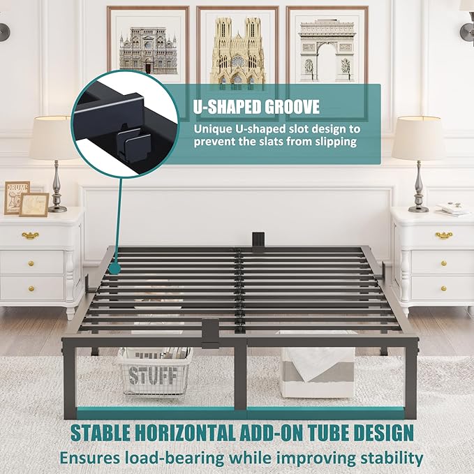 Full Size Bed Frame, 14 Inch Heavy Duty Support 3500 lbs Metal Platform, No Box Spring Needed/Noise Free/Non-Slip/Steel Slat Support/Easy Assembly