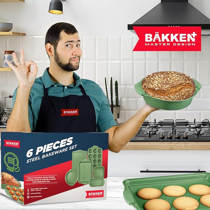 BAKKEN Kitchen Baking Pan Set - Nonstick Green Marble Coating, Carbon Steel Bakeware Sets with Green Silicone Handles, Kitchen Essentials, PFOA, PFOS, PTFE Free, Oven Safe (Up To 450° F), Set of 6