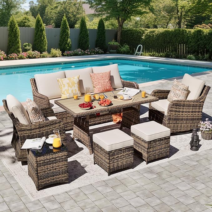 7 Pieces Patio Furniture Set with Swivel Chairs, Wicker Patio Conversation Set, Outdoor Patio Set with 2 Swivel Rocking Chair & Sofa, 2 Ottomans and Dining Table (Brown)