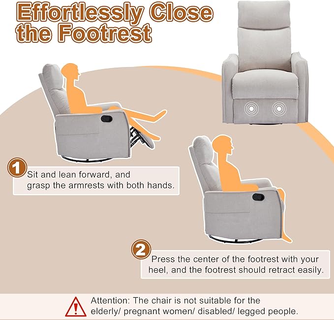 Manual 360° Swivel Rocker Recliner Chair for Adults, Overstuffed Glider Chair for Nursery with Vibration Massage and Heat, Comfy Soft Fabric Glider with Side Pockets for Living Room, Beige