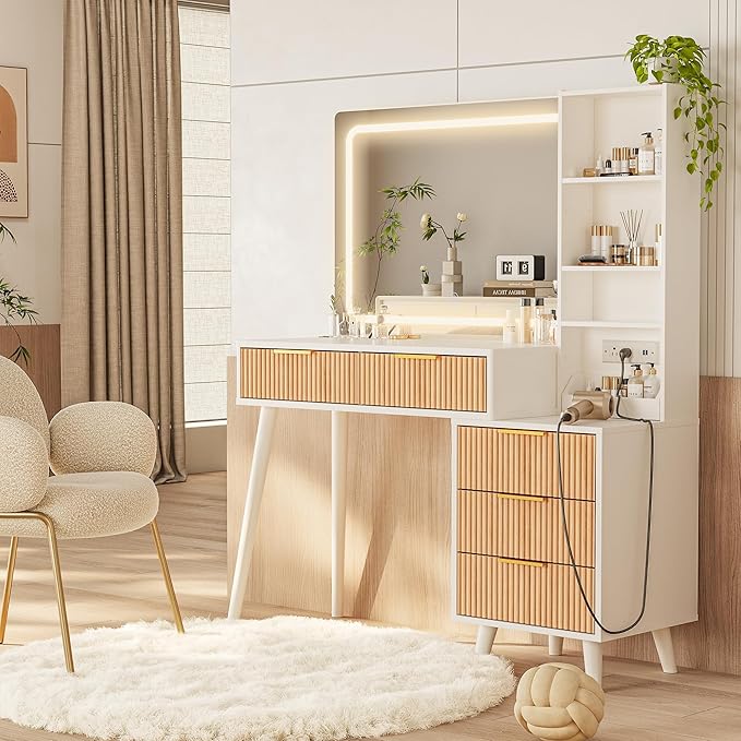 44" Vanity Desk with Mirror and Lights, Makeup Vanity Desk with Power Outlet, Makeup Desk with 5 Drawers&Storage Shelves, Vanity Table 3 Color Adjustable Brightness Dressing Table Set for Bedroom