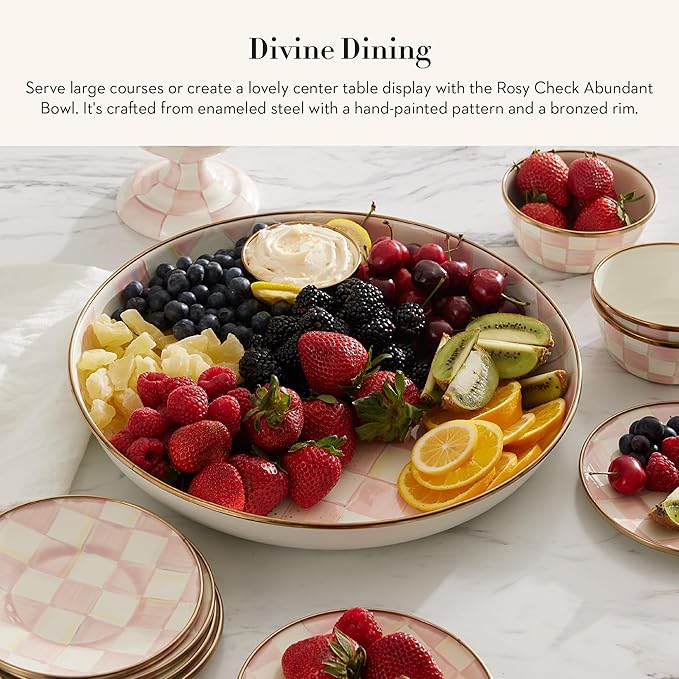 MACKENZIE-CHILDS Enamel Abundant Bowl, Decorative or Serving Bowl, 13-Cup Capacity, Pink-and-White Rosy Check
