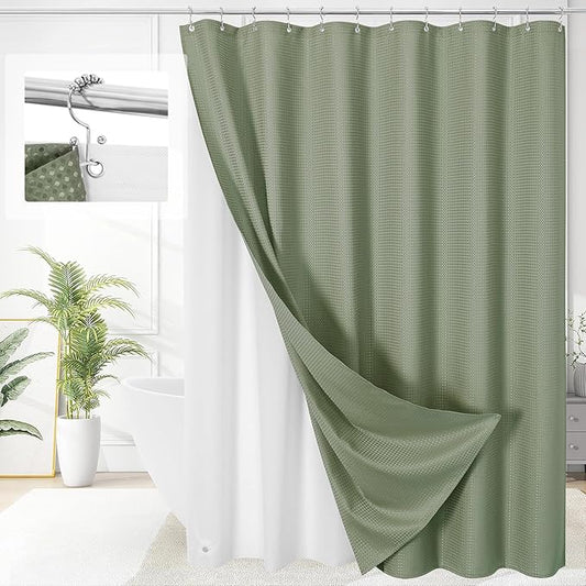 3 in 1 Long Shower Curtain Set-72 W x 78 H, Sage Green Waffle and PEVA Liner Set with 12 Stainless Steel Hooks, Waterproof Fabric for Bathroom