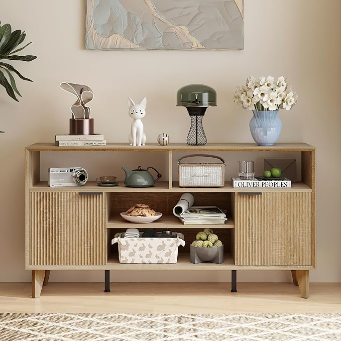Fluted TV Stand for 70 inch，Entertainment Center with Storage Cabinets, Modern TV Console with Open Adjustable Shelves, TV Stand for Living Room Bedroom, Natural