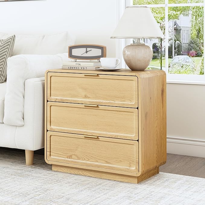 Turtle&Myrtle Modern 3 Drawer Dressers for Bedroom, 26'' Wide Wood Nightstand w/3 Storage Drawers, End Table, Dresser & Chest of Drawers with Curved Profile for Living Room Entryway, Natural