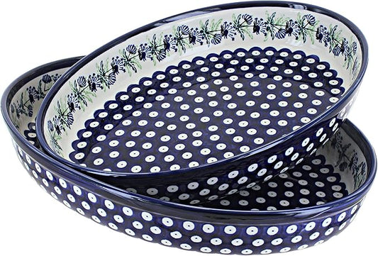 Blue Rose Polish Pottery - Blue Sweet Annie Oval Baker Set - 2 Bakers - Unique, Dishwasher Safe, & Durable Bakeware