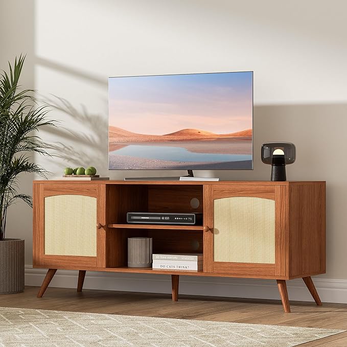 Brown Rattan TV Stand for 60 Inch TV, Wooden Mid Century Modern Entertainment Center with Natural Rattan Door, Boho Media TV Console for Living Room