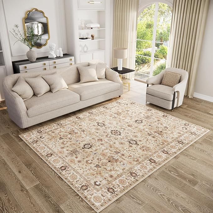 Washable Area Rugs 5'x7' Non-Slip Vintage Boho Distressed Fade Resistant Low Pile Carpet for High-Traffic Living Room, Bedroom & Dining Room