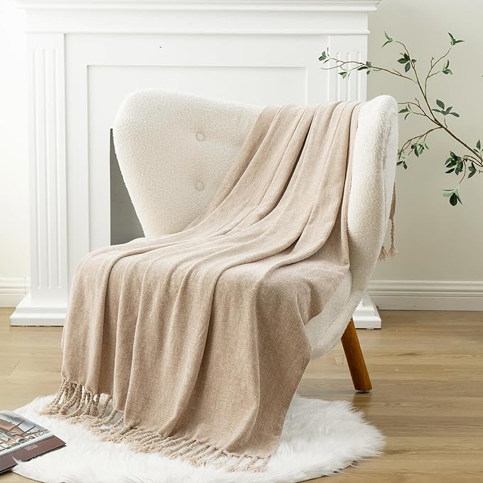 BATTILO HOME Beige Chenille Throw Blanket for Couch, Decorative Fringe Velvety Khaki Tan Throw Blanket for Sofa Home Decor, 50"x60"