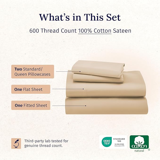 California Design Den 600 Thread Count Sheets Queen 100% Cotton Sateen, Soft, Cooling Deep Pocket Sheet, Hotel-Quality Bedding Sheets & Pillowcases (Golden Tan)