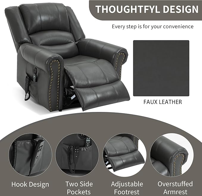 Dual Motor Power Lift Chair, Lay Flat Recliner Chair, Electric Recliner with Massage and Heat for Elderly, Remote Control, Infinite Position, Standing Assistance, USB Ports,Faux Leather, Grey