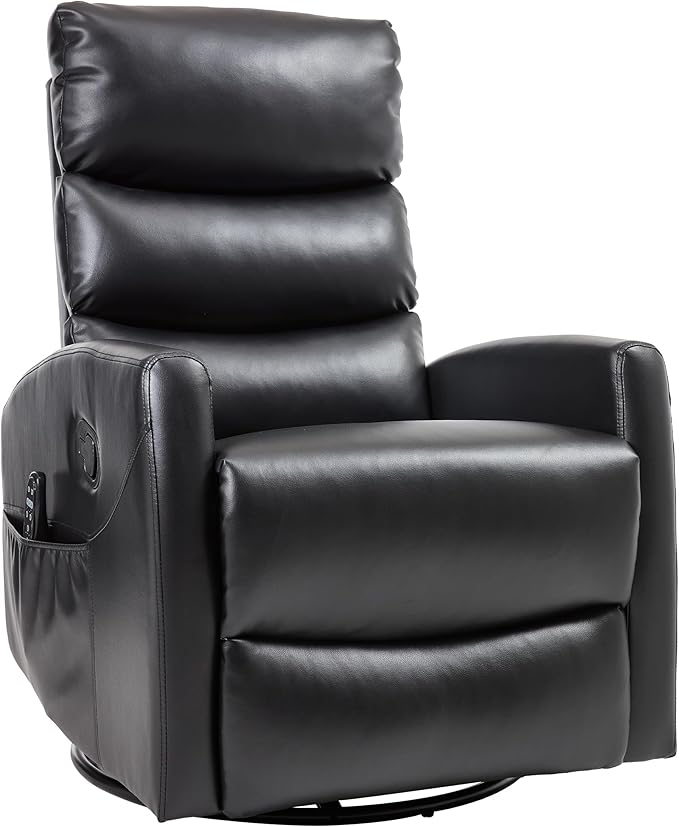 PELUMY Massage Recliner Chair with Heat - Manual Rocker Swivel Recliner, 360° Rotation & 155° Recline for Living Room（Breathable Leather, Black）