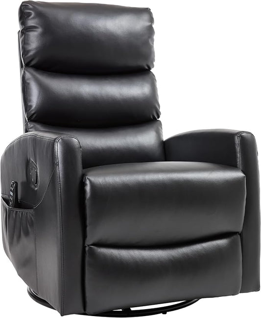 PELUMY Massage Recliner Chair with Heat - Manual Rocker Swivel Recliner, 360° Rotation & 155° Recline for Living Room（Breathable Leather, Black）