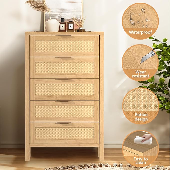 Wood 5 Dresser for Bedroom, Wide Rattan Drawer with Gold Handle for Bed Room, Hallway, Rustic Oak