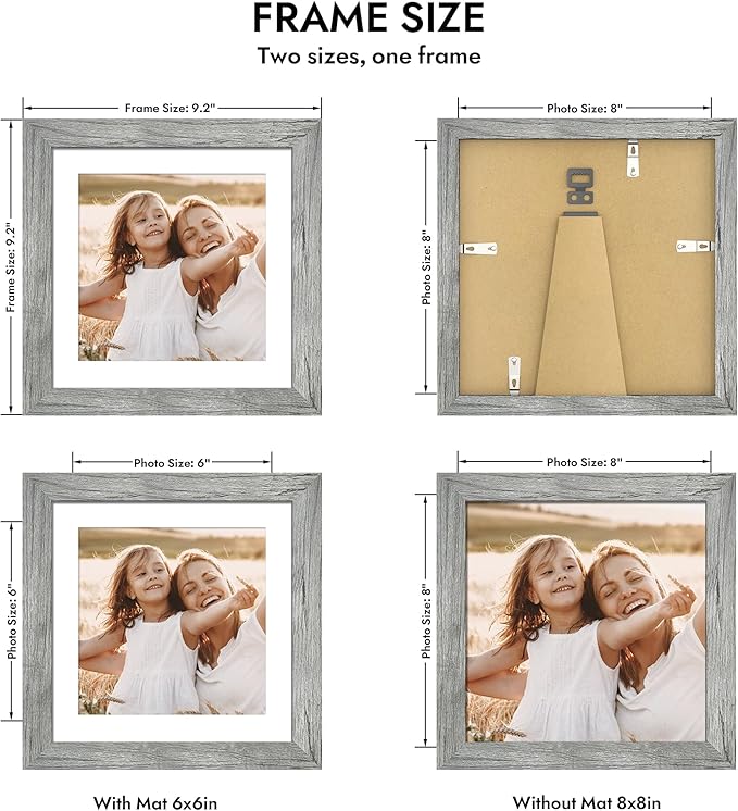 8x8 Picture Frame with Glass, Display Pictures 6x6 with Mat or 8 x 8 without Mat - Wall and Tabletop, 8 by 8 Photo Wooden Frames (Grey, 1 Pack)