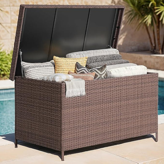 158 Gallon XL Deck Box with Lid, All Weather Wicker Outdoor Storage Box Waterproof, Large Outdoor Patio Storage Bin for Cushions, Garden Tools, Gears, Brown