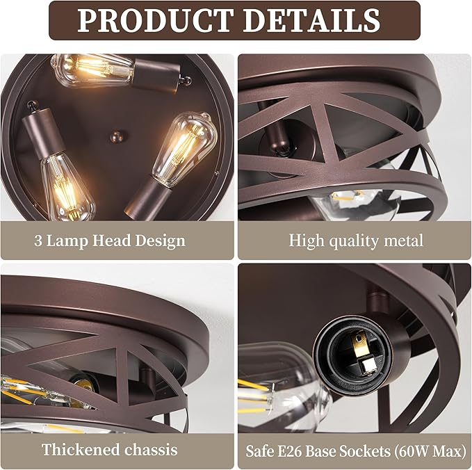 13 inch Flush Mount Ceiling Light Fixtures,3-Light Modern Hallway Light Fixtures Ceiling, Brown Lights Fixture Ceiling Mount for Farmhouse,Kitchen, Bedroom 2 Pack
