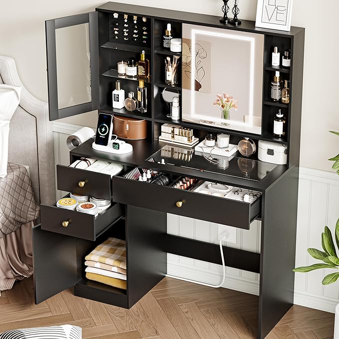 Vanity Desk with Mirror and Lights Makeup Vanity Desk with Lights 3 Colors 38" Dressing Table with Drawer and Cabinet for Bedroom Transparent Glass Top Power Outlet for Bedroom Black