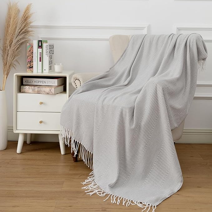 Gealaek Light Grey Throw Blanket Chevron Lightweight Fuzzy Soft Cozy Decorative Blankets for Sofa Bed Farmhouse Throw Blanket Grey with Fringe 50" x 60"