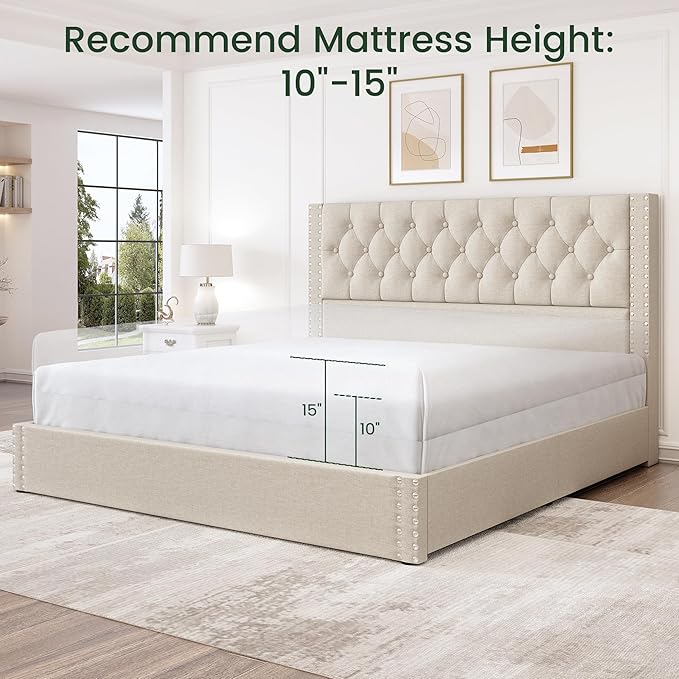 King Size Bed Frame with 4 Storage Drawers and Tufted Headboard Linen Upholstered Platform Bed Frame with Heavy Duty Wood Slats, No Box Spring Needed, Easy Assembly, Beige